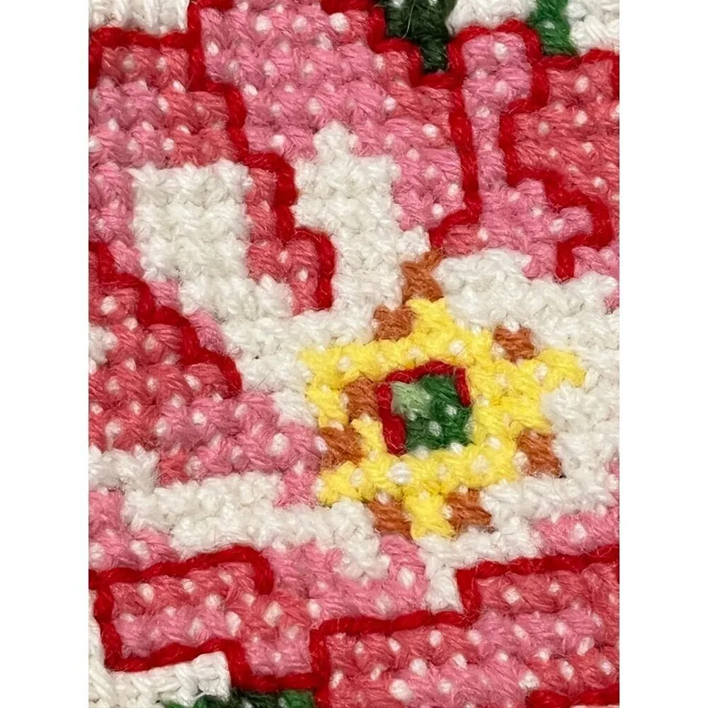 Handmade Floral Blanket Crochet Needlepoint Cross Stitch Afghan‎ Cottagecore 70s